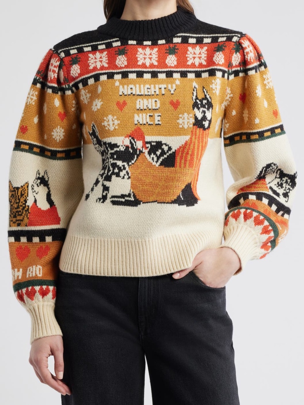 Farm Rio Multicolor Naughty And Nice Puff Sleeve Knit Sweater S Small NWT